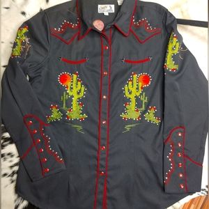 Panhandle Slim Retro Western Ladies XL Vintage Pearl Snap Embroidered Shirt